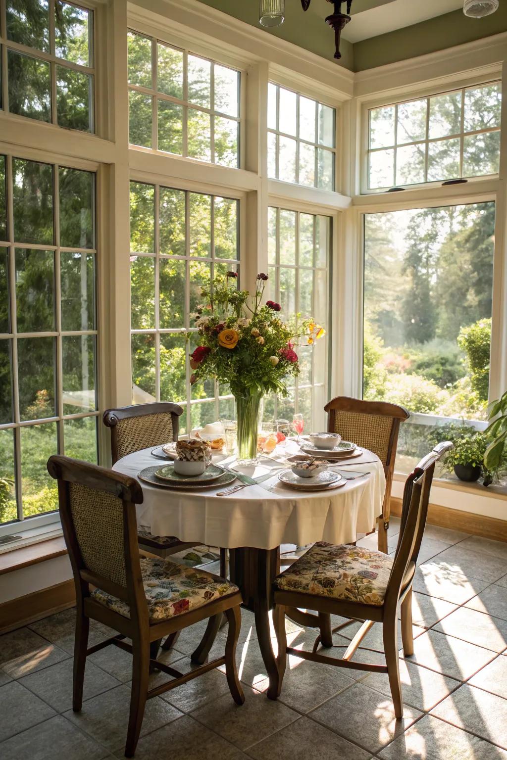 A sunroom transformed into a delightful culinary area.