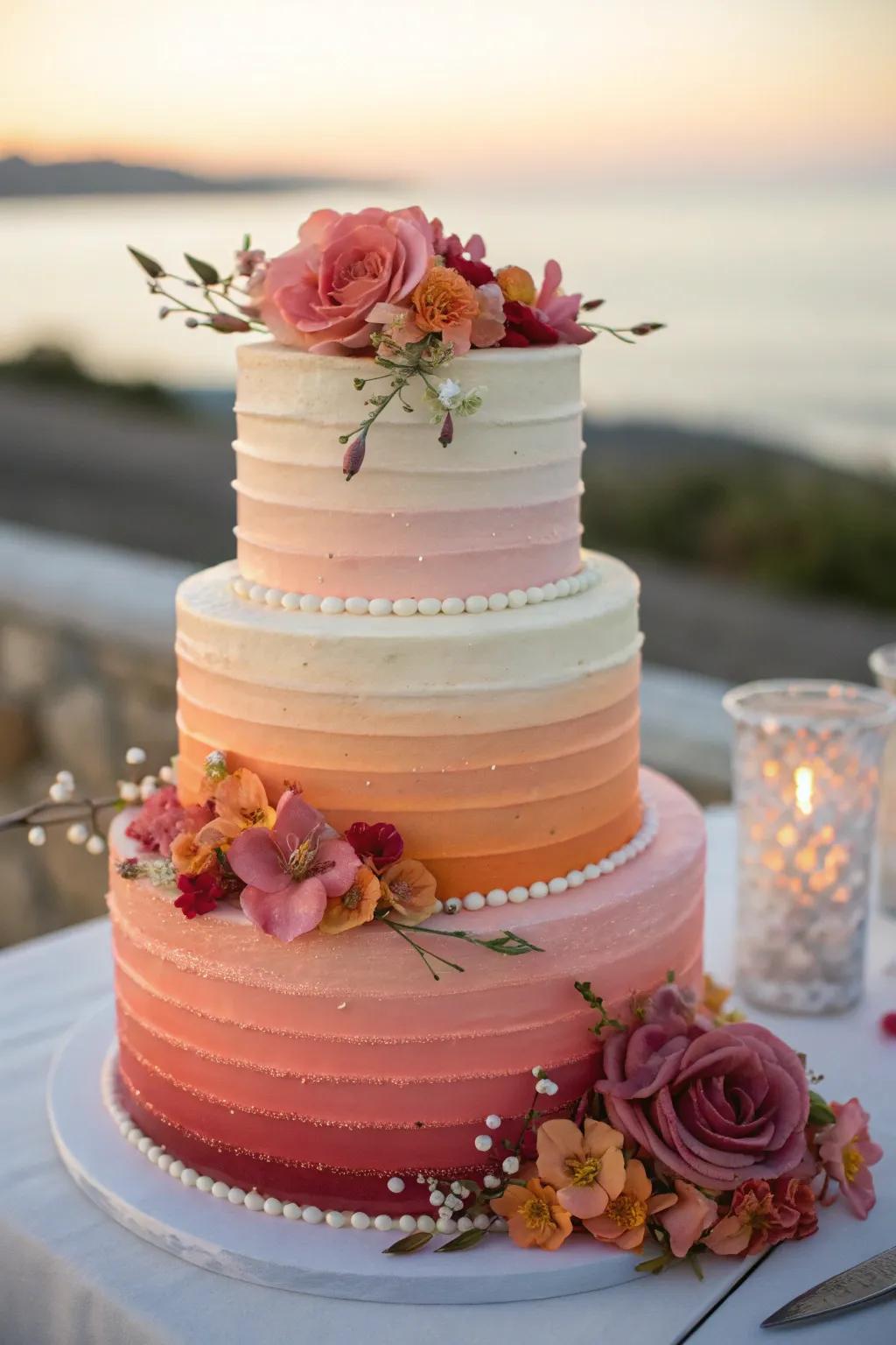 A sundown themed wedding pastry with layered ombré effects and consumable flowers.