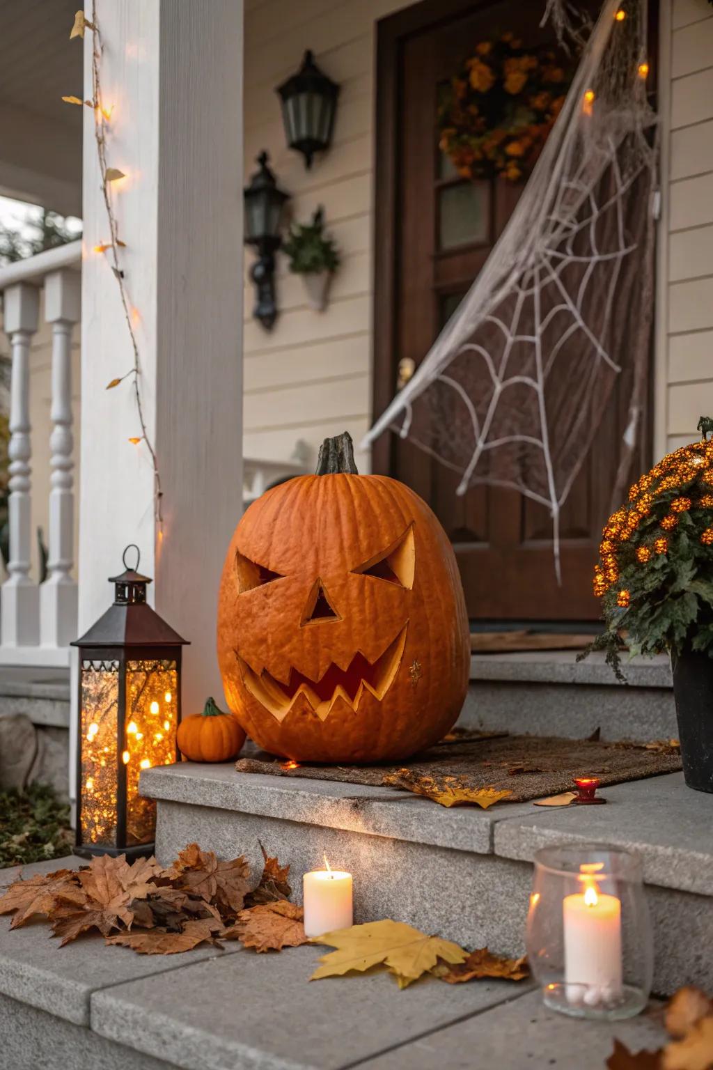 A ghoulish grin is a timeless choice for a spooky yet inviting pumpkin face.