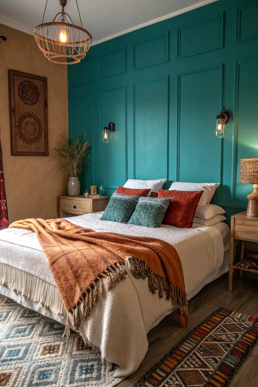 Comfortable bedroom featuring a teal feature wall and warm textiles.