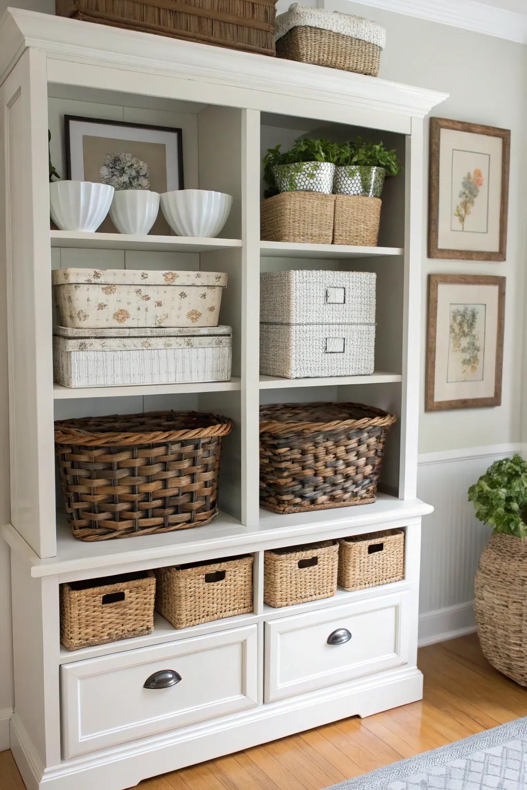 Decorative containers append texture and maintain order.
