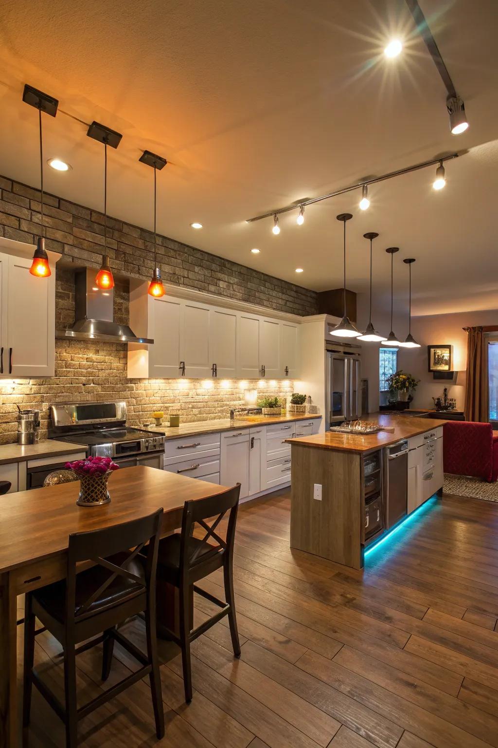 Different light colors transforming the kitchen atmosphere