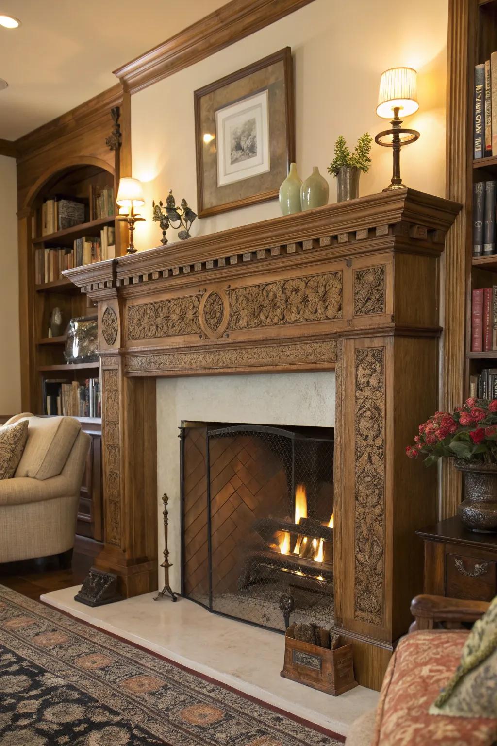 A carved wooden mantel brings warmth to the fireplace.
