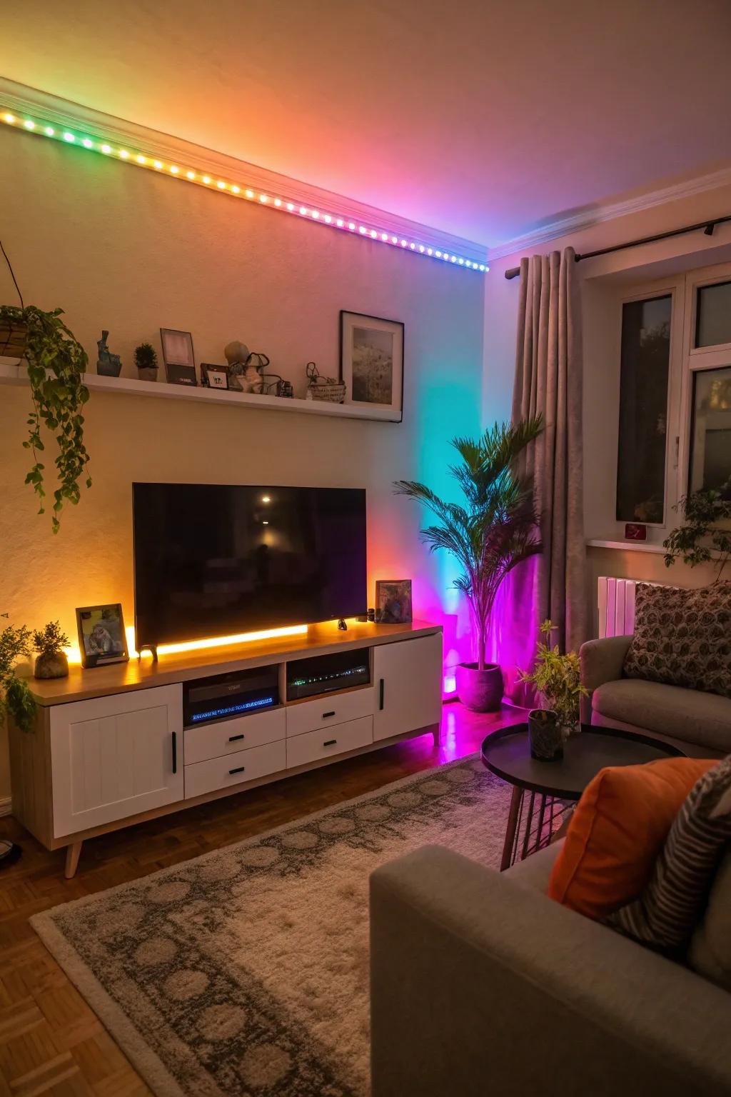 A TV wall accentuated with vibrant LED accent lighting.