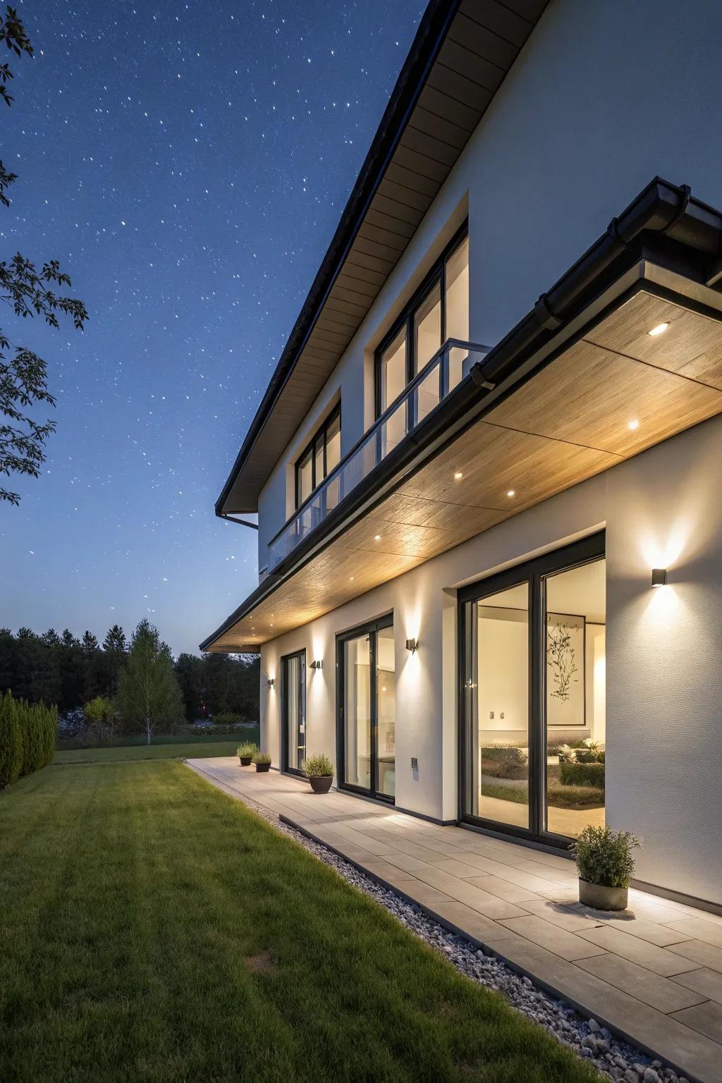 Modern fixtures contribute a sleek element to the under eave lighting arrangement.
