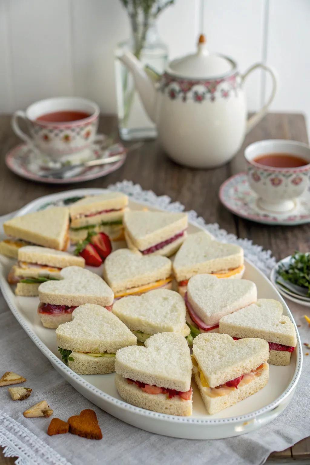 Heart-shaped sandwiches with diverse fillings for a festive tea party.