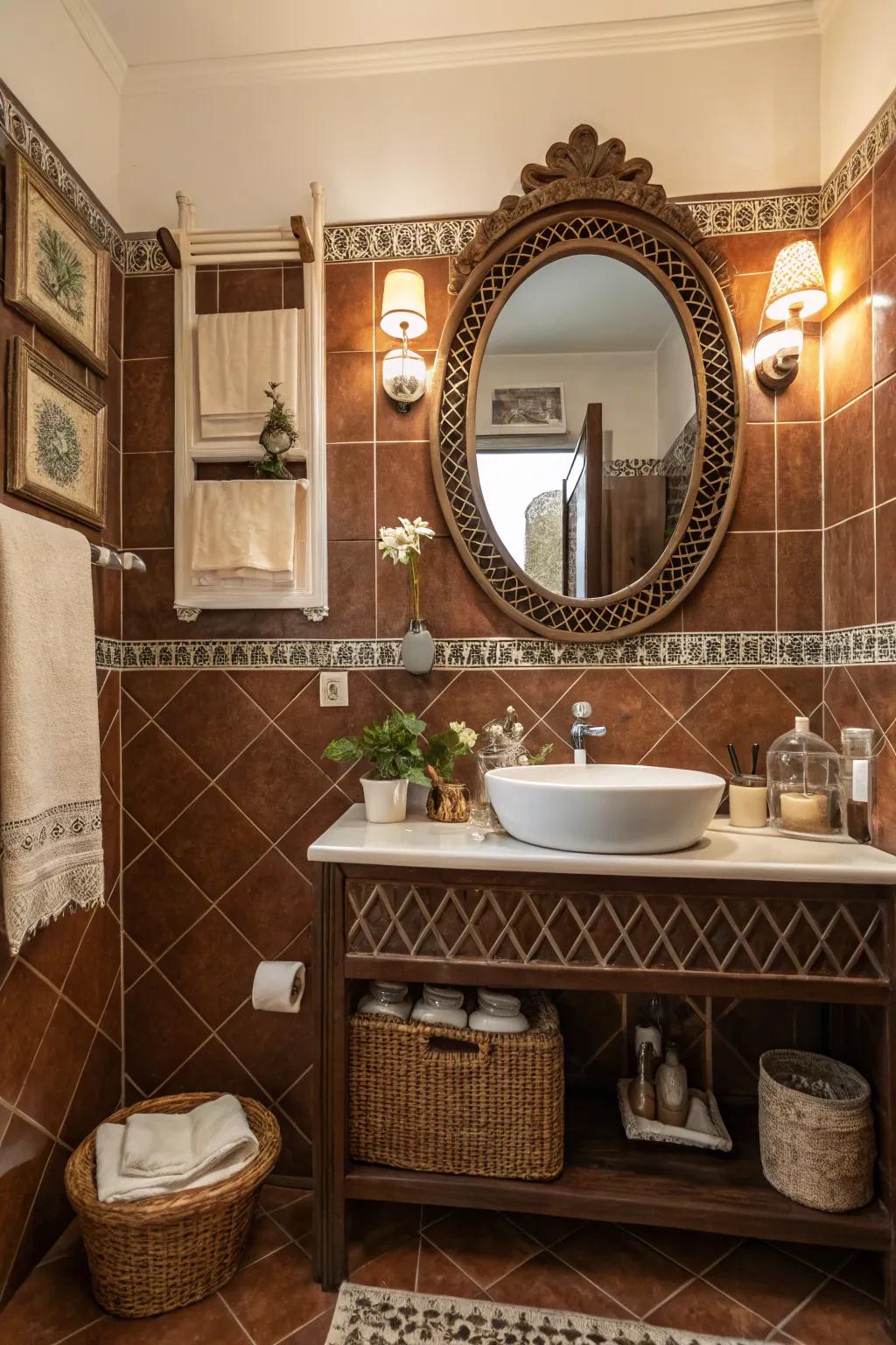 Vintage ornaments enhance the vintage appeal of brown tiles.