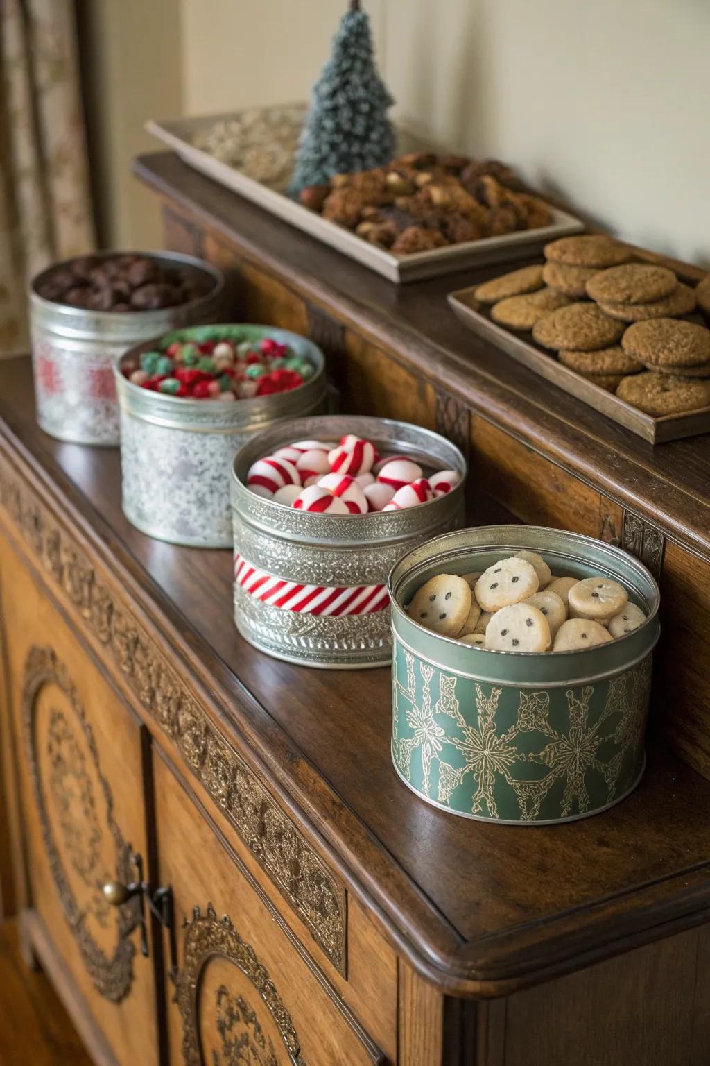 Charming metallic containers constitute impeccable holiday gift holders.
