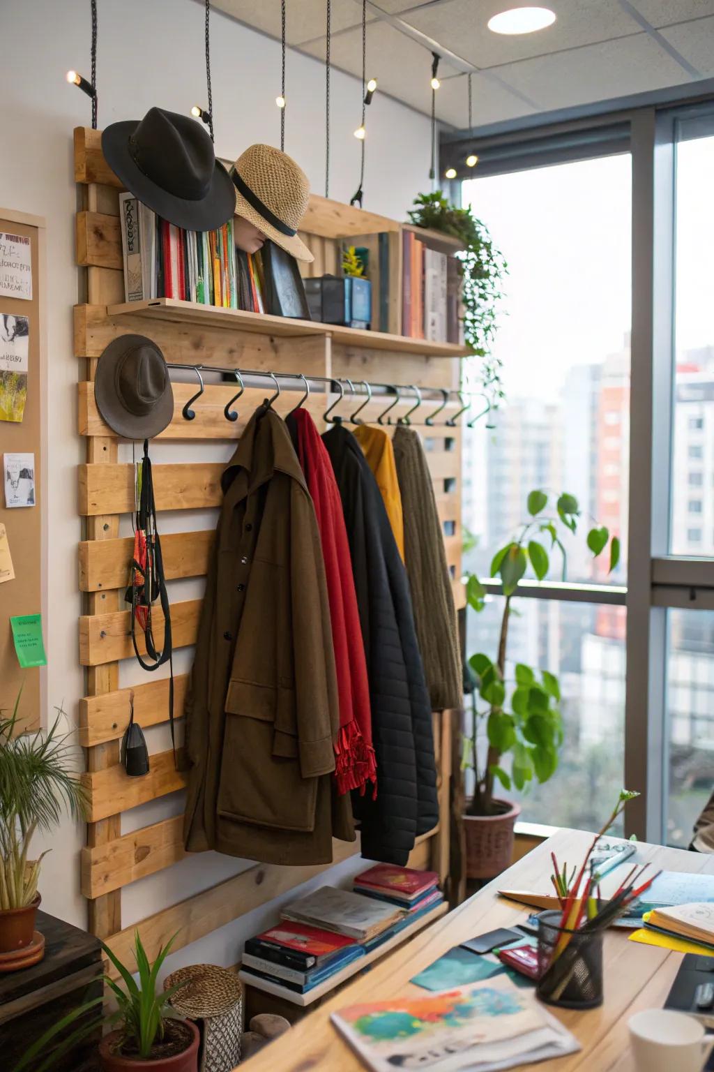 A creative DIY wall-mounted clothing rack in a workspace.