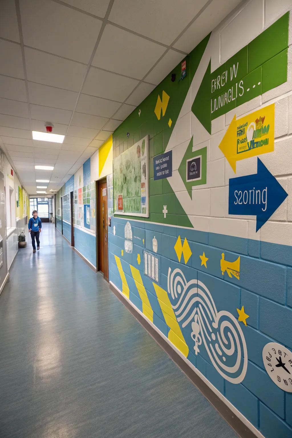 Directional graphics add both functionality and aesthetic appeal to this school corridor.