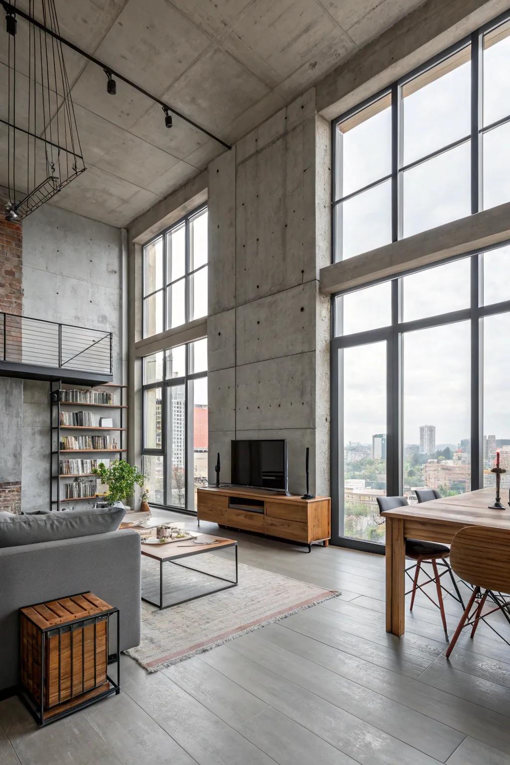 Concrete finishes add an industrial edge to loft spaces.