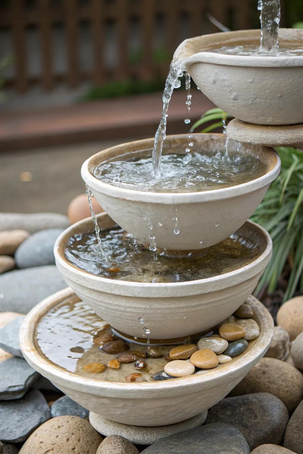 Tiered bowls create a simple yet elegant cascading waterfall.