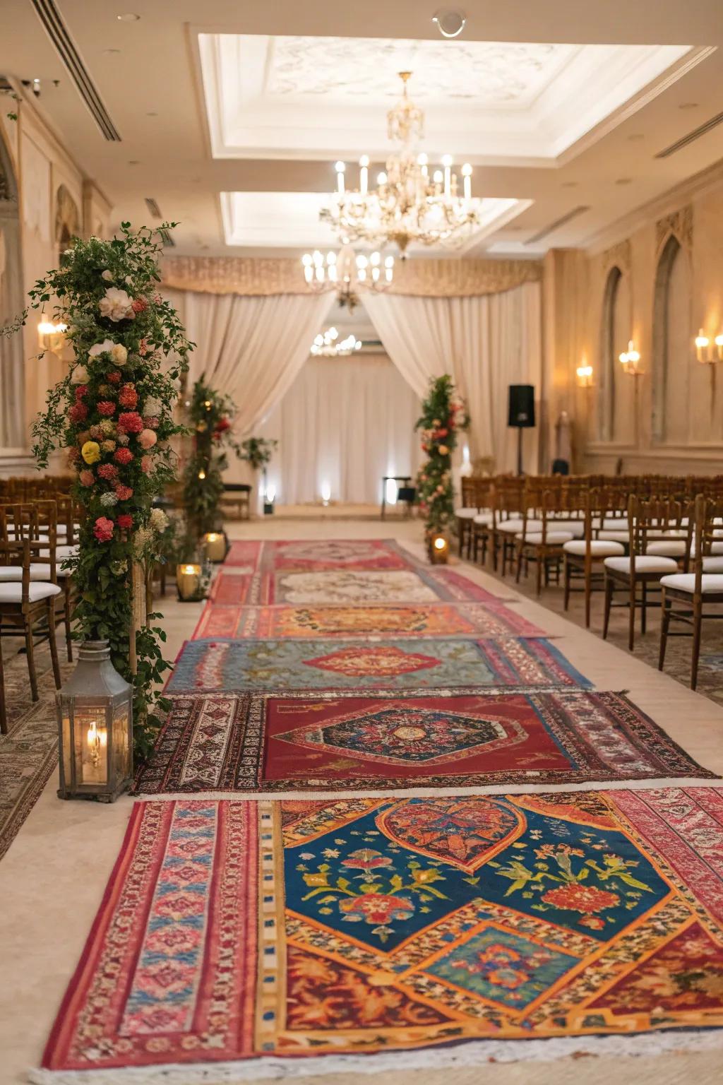 Retro rugs infuse warmth and flair into a wedding ceremony.