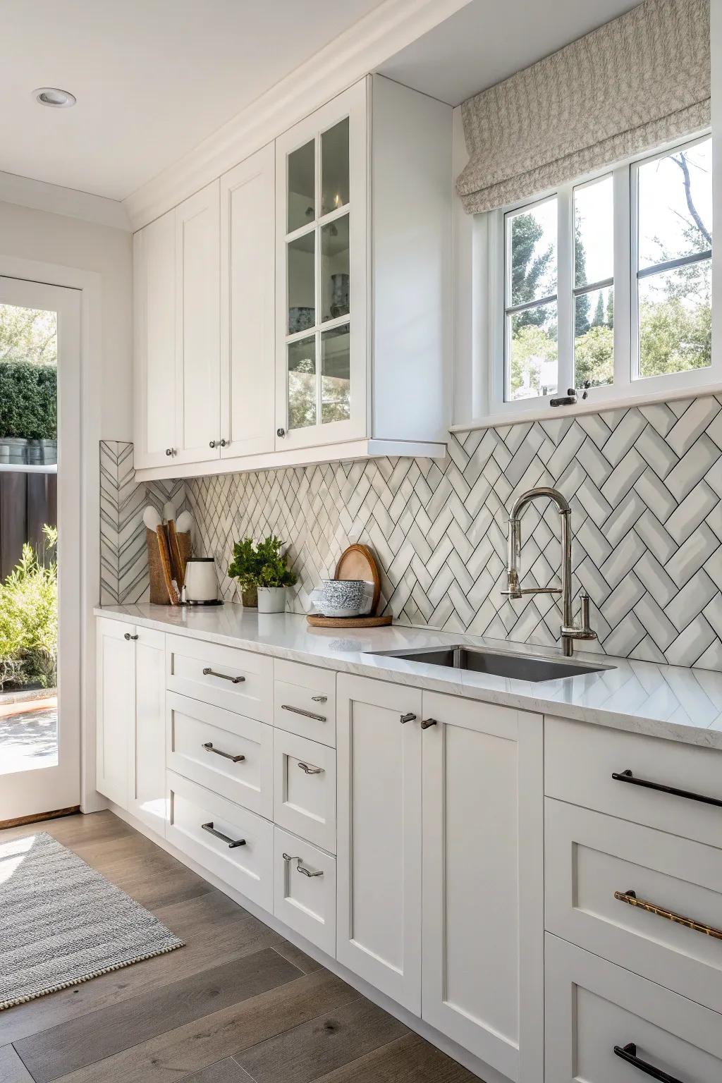 Zigzag tiles introducing a lively motion to white cabinets.