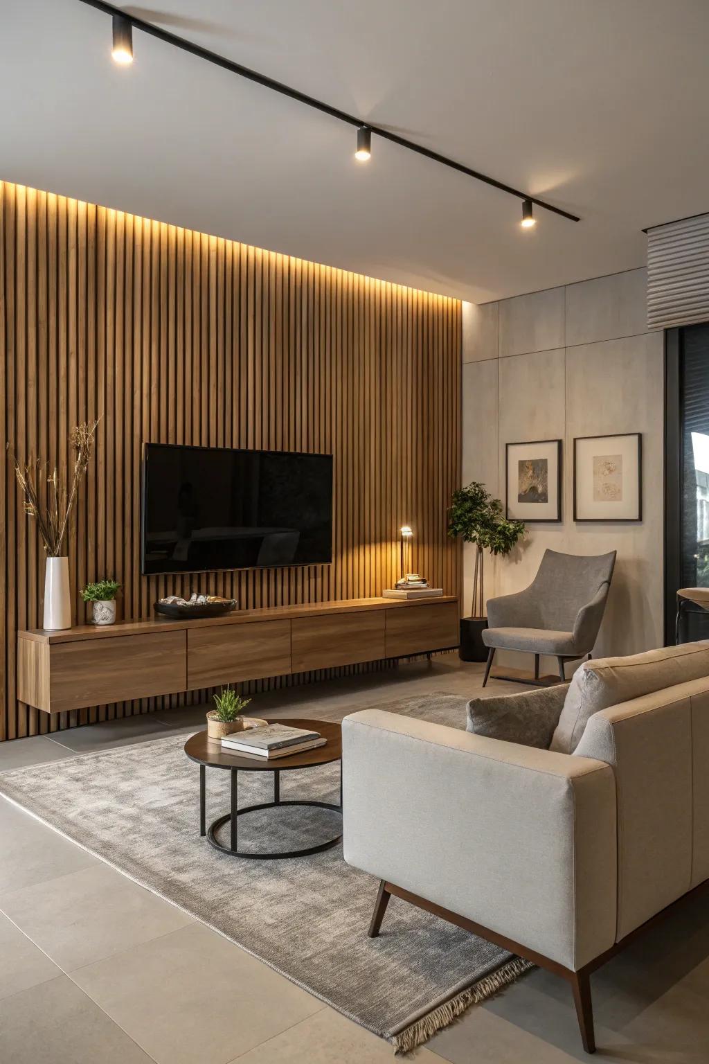 Modernize your viewing zone with a timber slat TV backdrop.