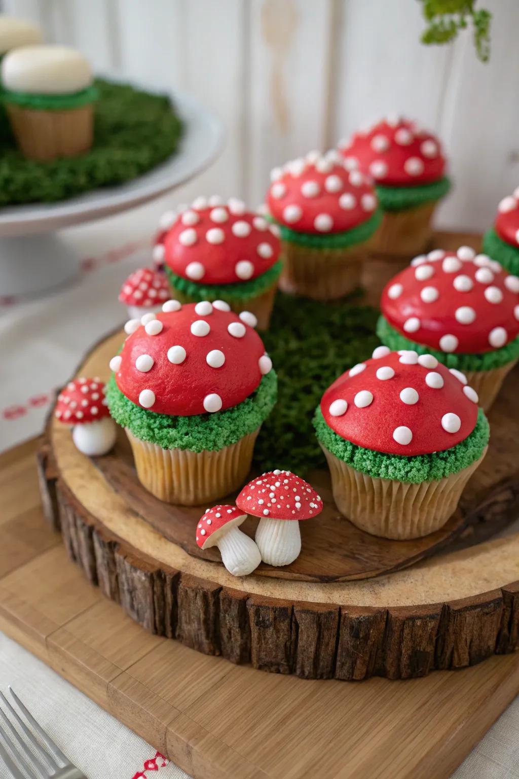 Thrill your guests through whimsical fungi cupcakes.