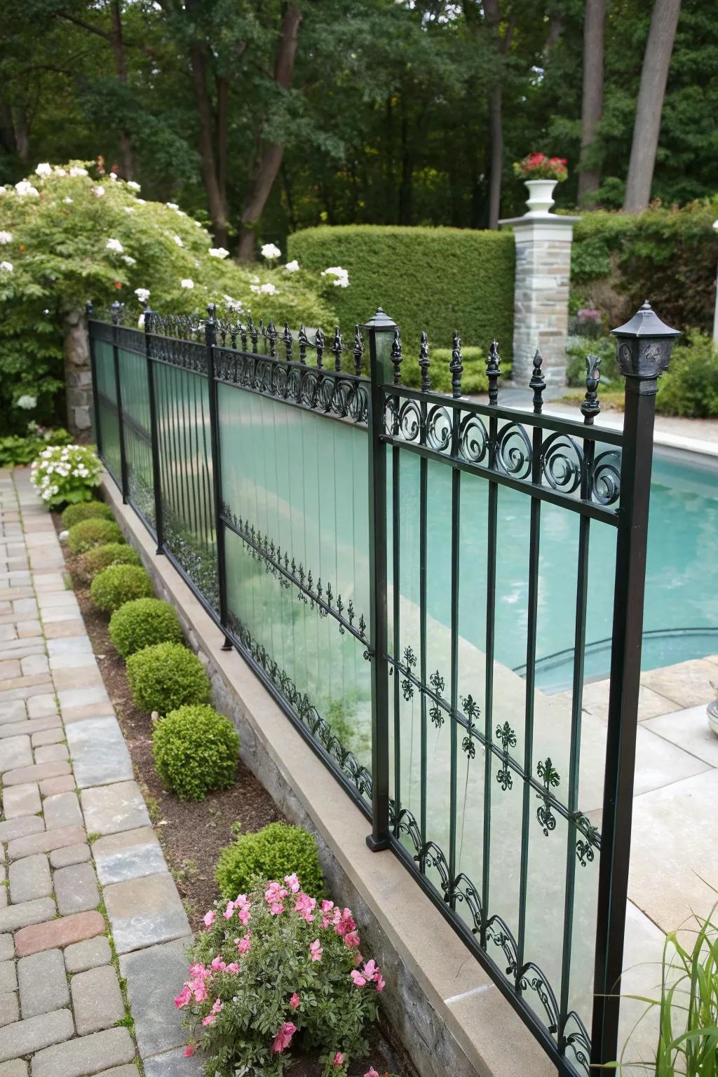 Opaque glass panels in a metal barrier offer privacy with style.