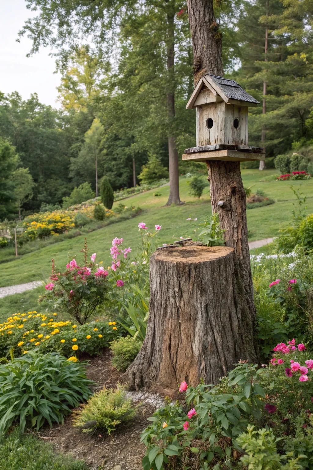 A wooden birdhouse invites feathered friends into the garden.