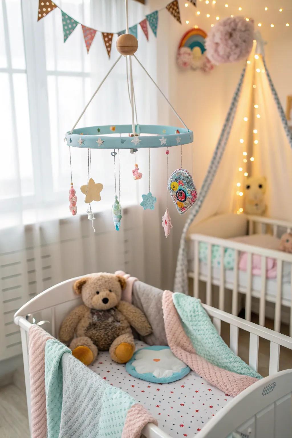 A whimsical mobile adds a playful and calming element.