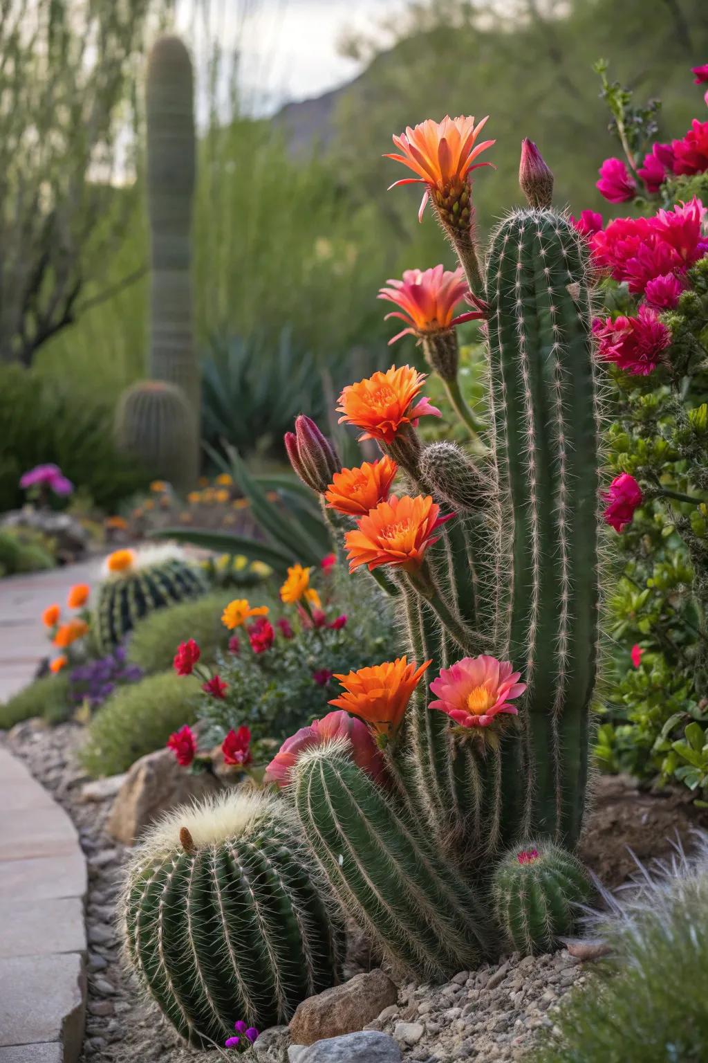 Radiant blossoms introduce impressive colors to the cactus garden.
