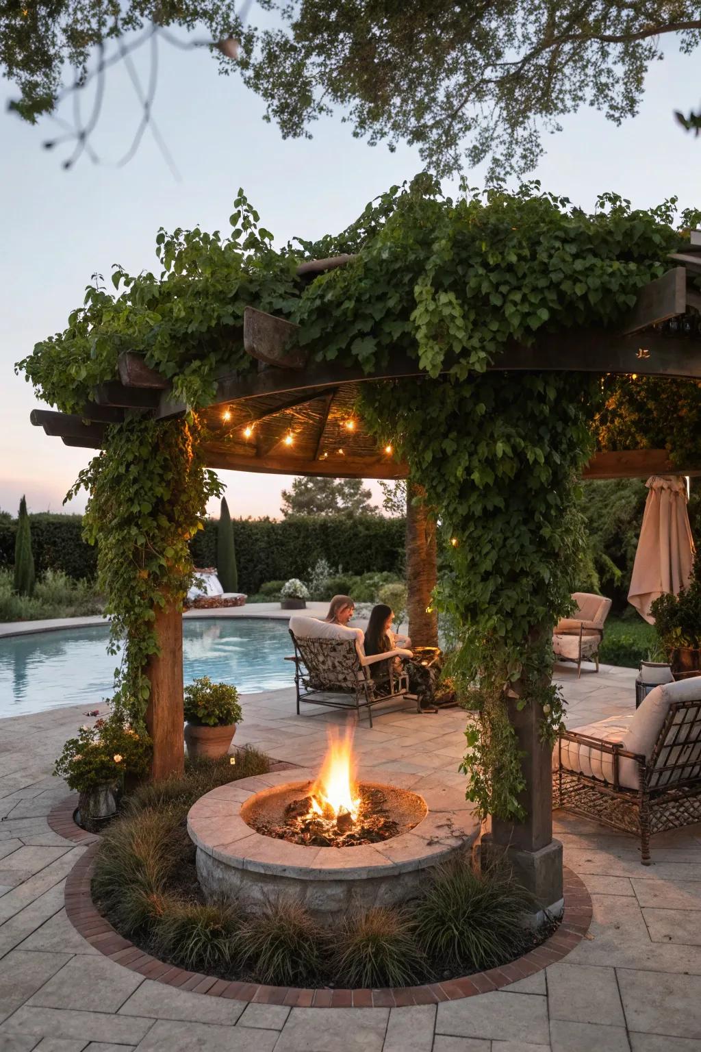 Fire features include warmth and appeal to pergola settings.