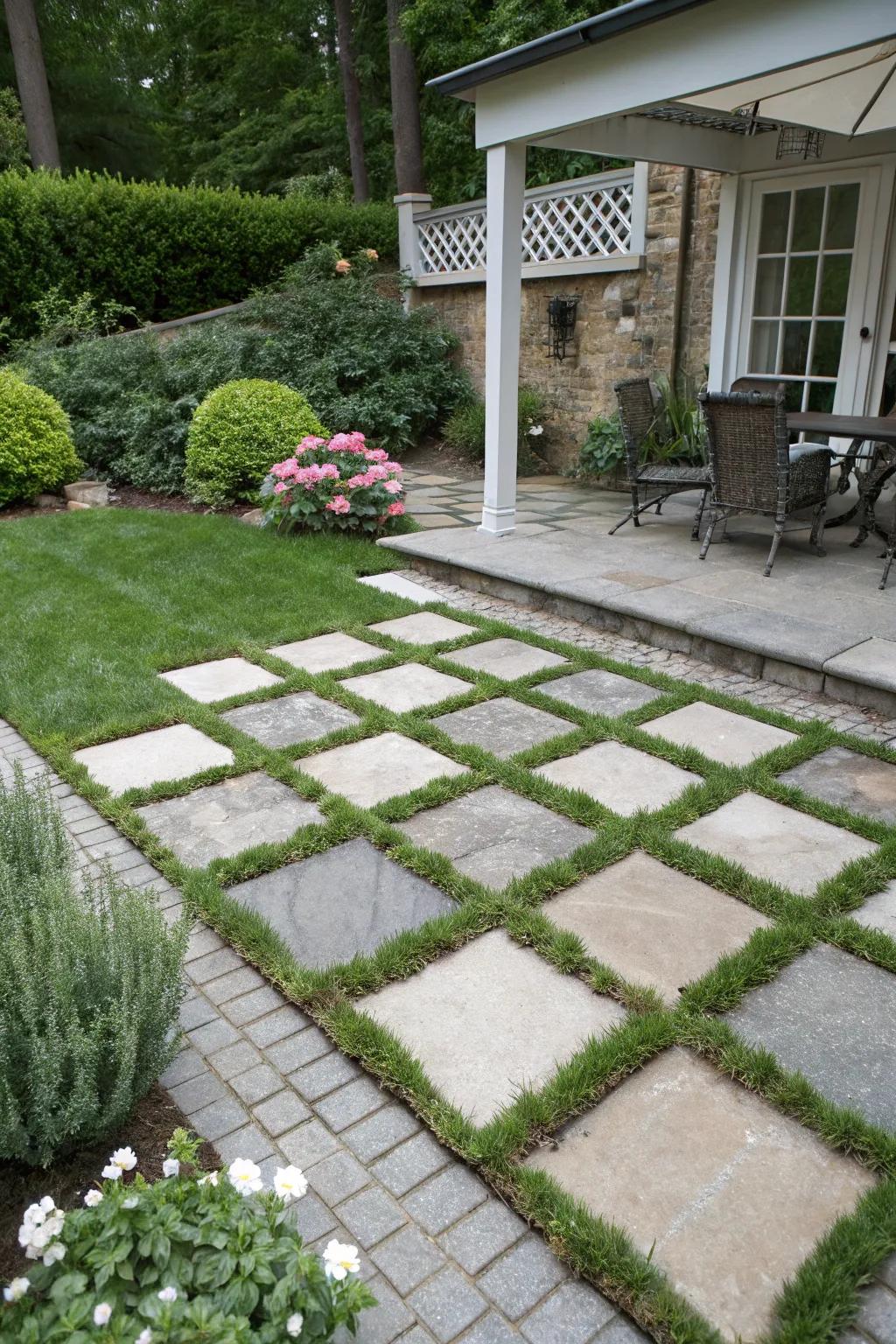 A checkerboard design blends hardscape and greenery beautifully.