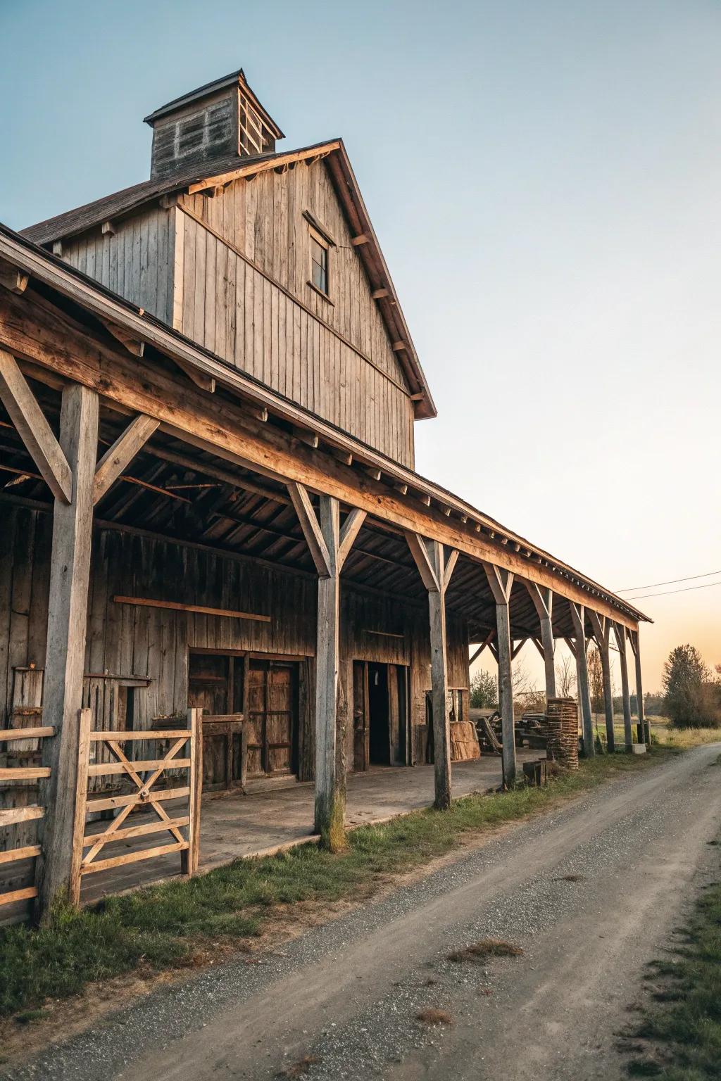A barn overhang showcasing classic beams and posts.