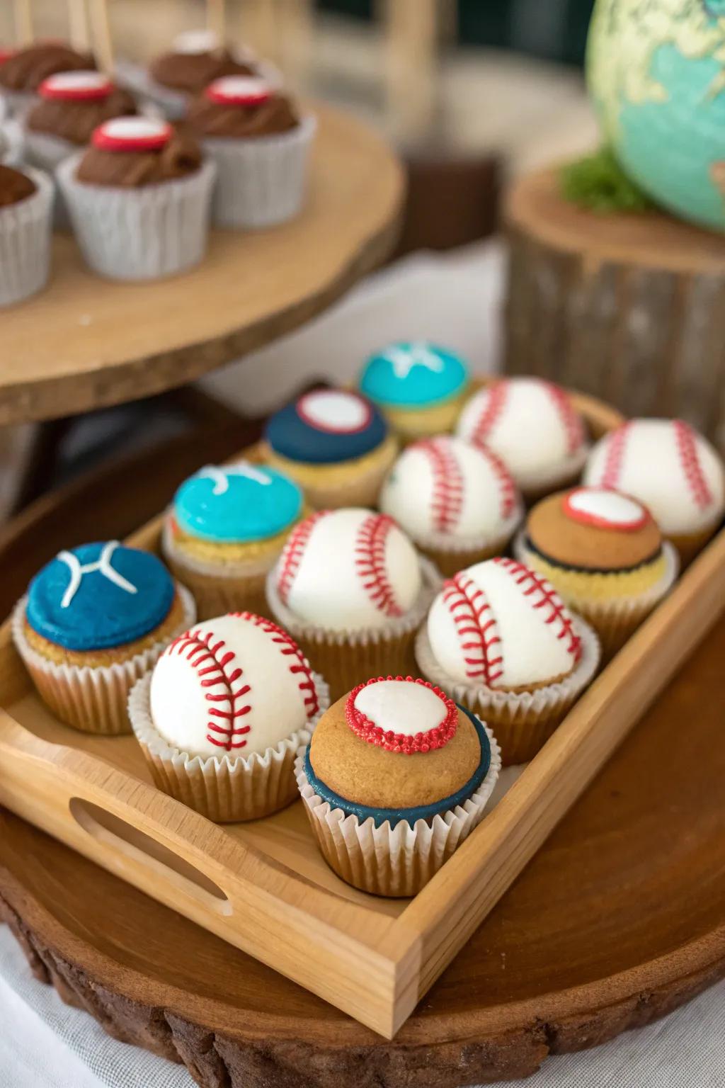 Home run cupcakes that are perfect for a baseball-themed party.