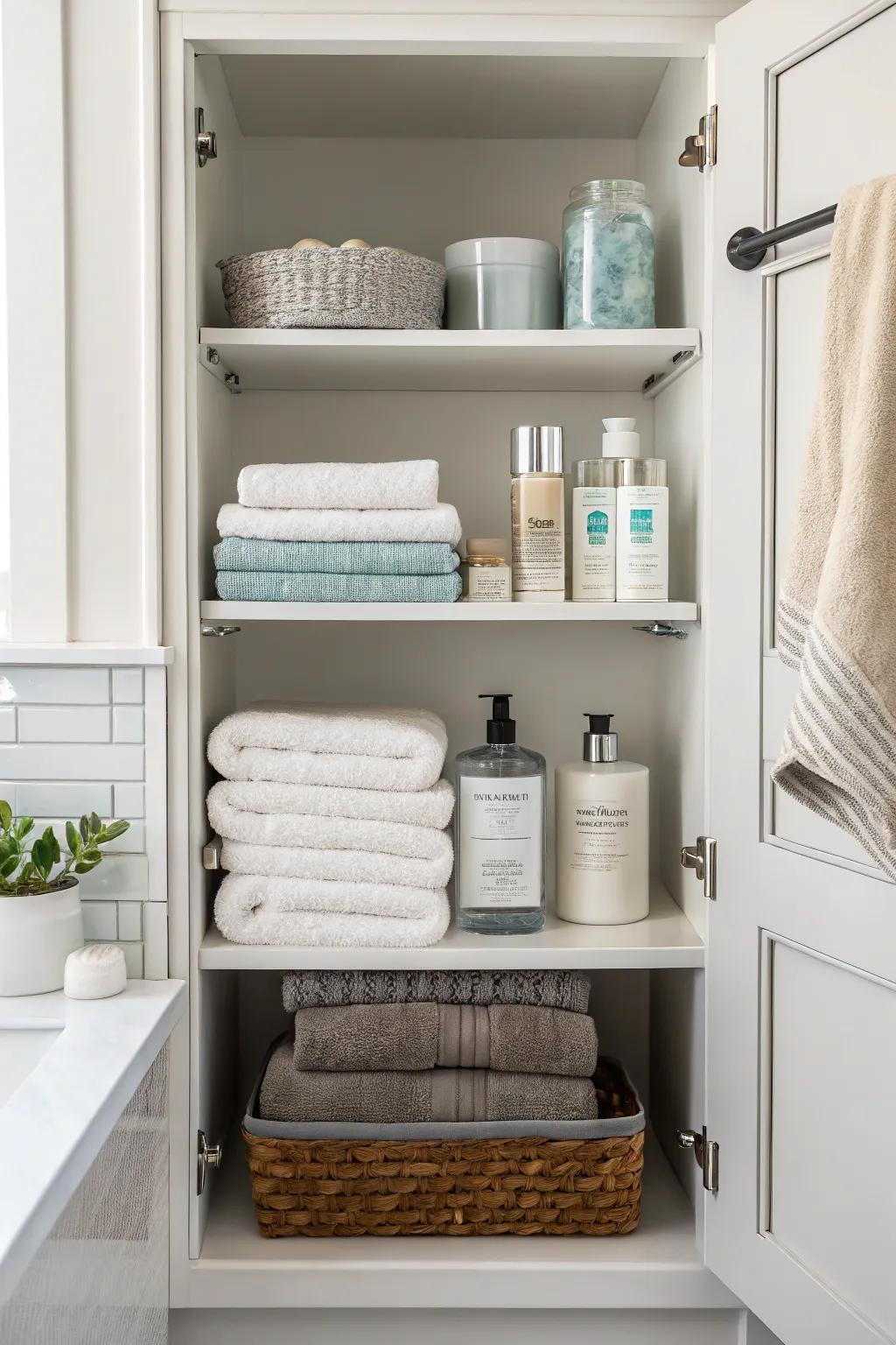 Mounted shelves offer extra storage without taking up floor space.