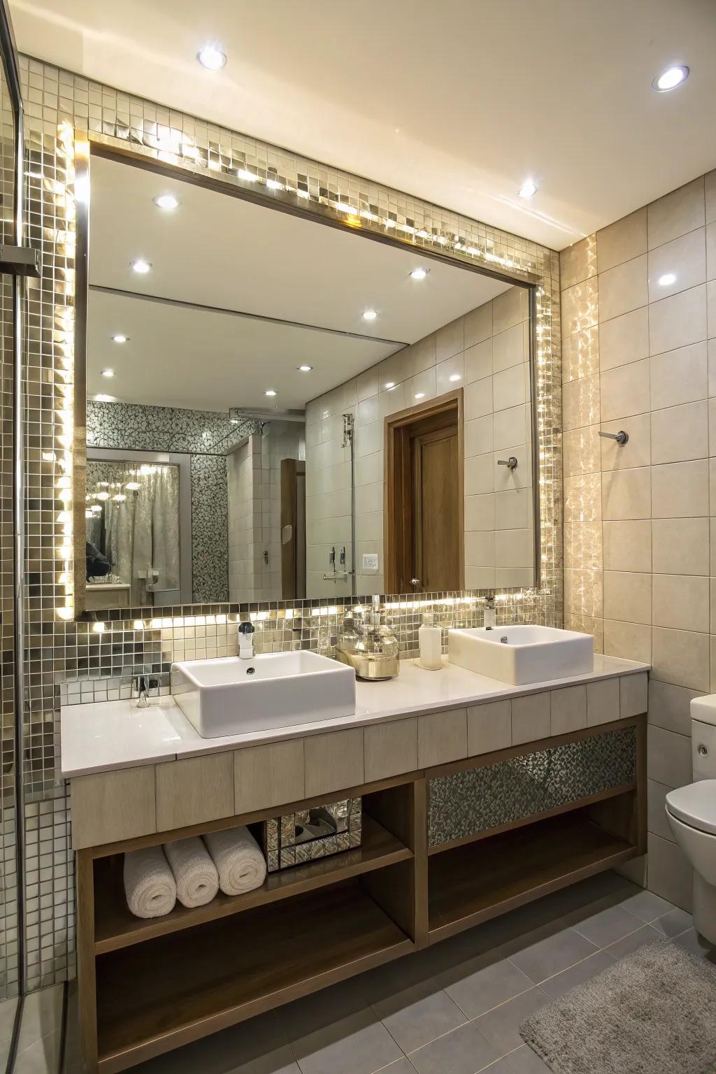 Mirrored tiles enhance elegance and expand the sense of space.