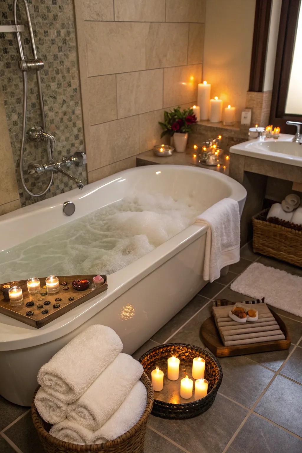 Durable flooring sets the tone for a spa-like sanctuary in this bathroom.
