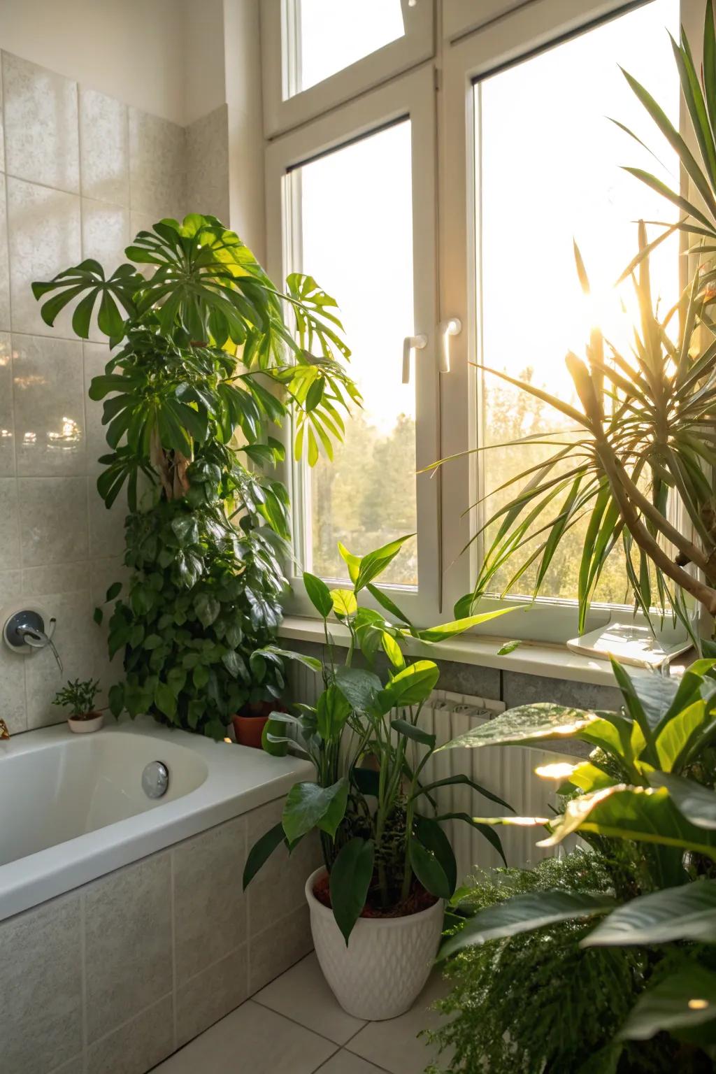 Greenery creating a natural oasis in the bathroom.