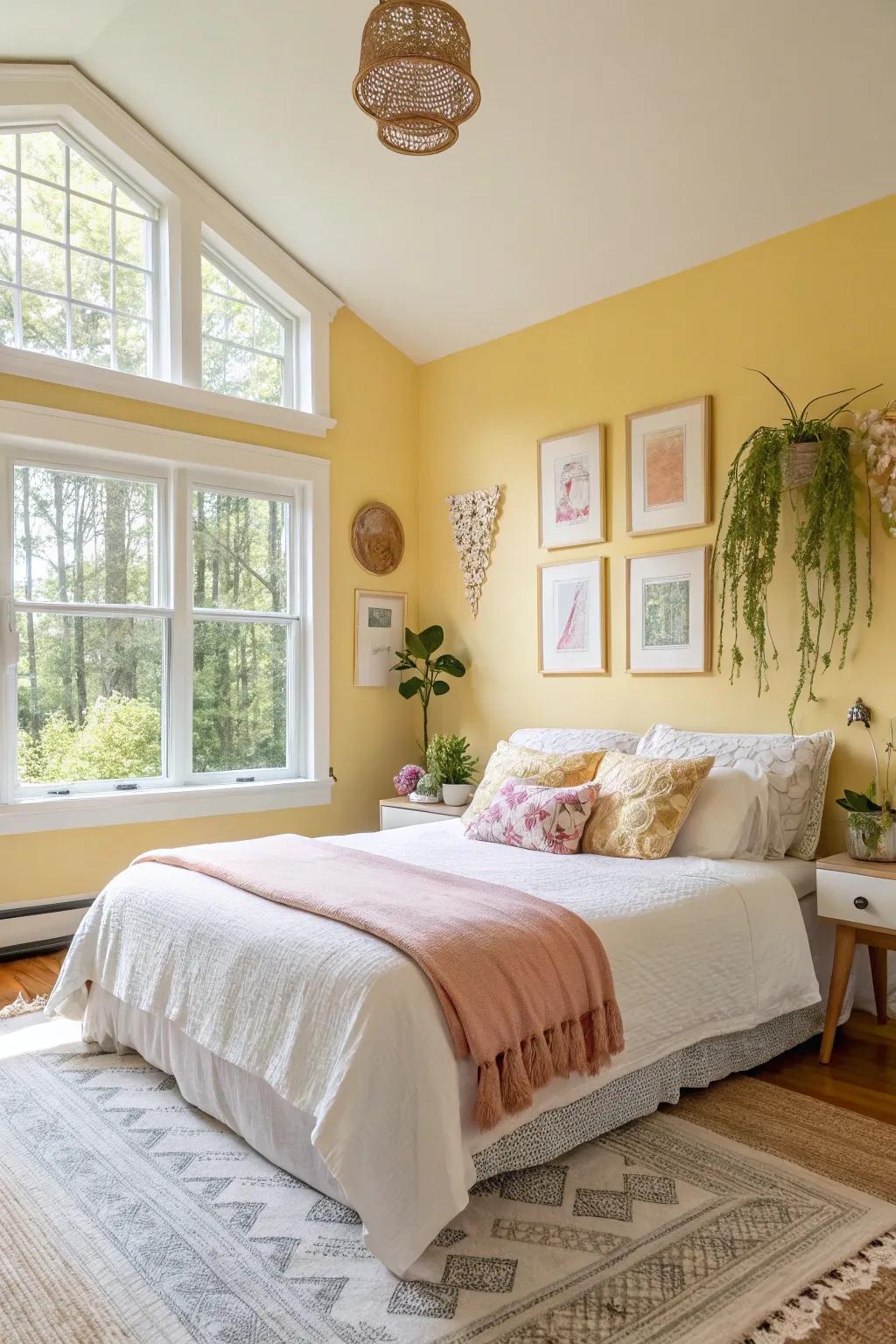 A vibrant bedroom with sunny yellow walls that exude warmth and positivity.