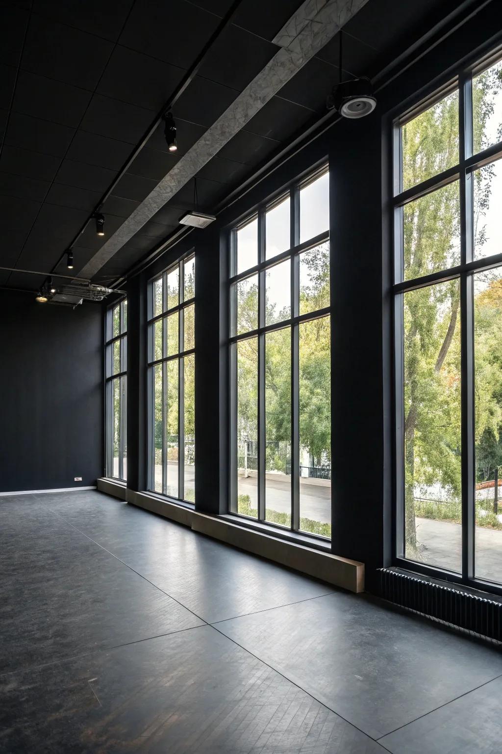 A room in which natural light beautifully balances the dark walls.