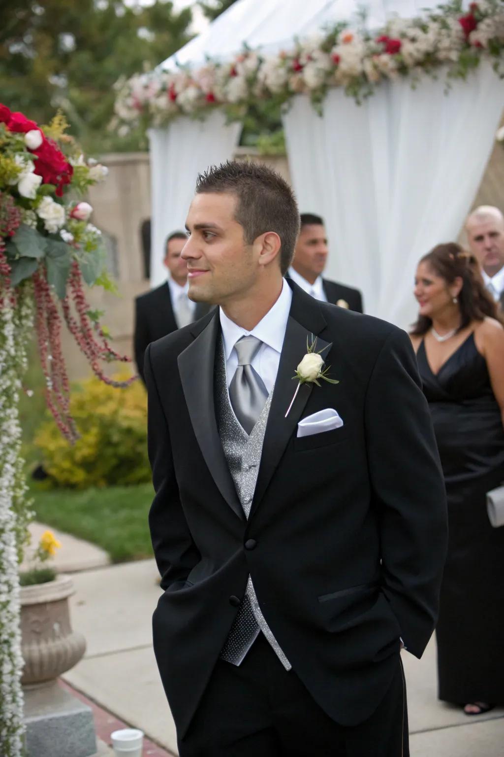 Stylish groom's ensemble in ebony and argent.