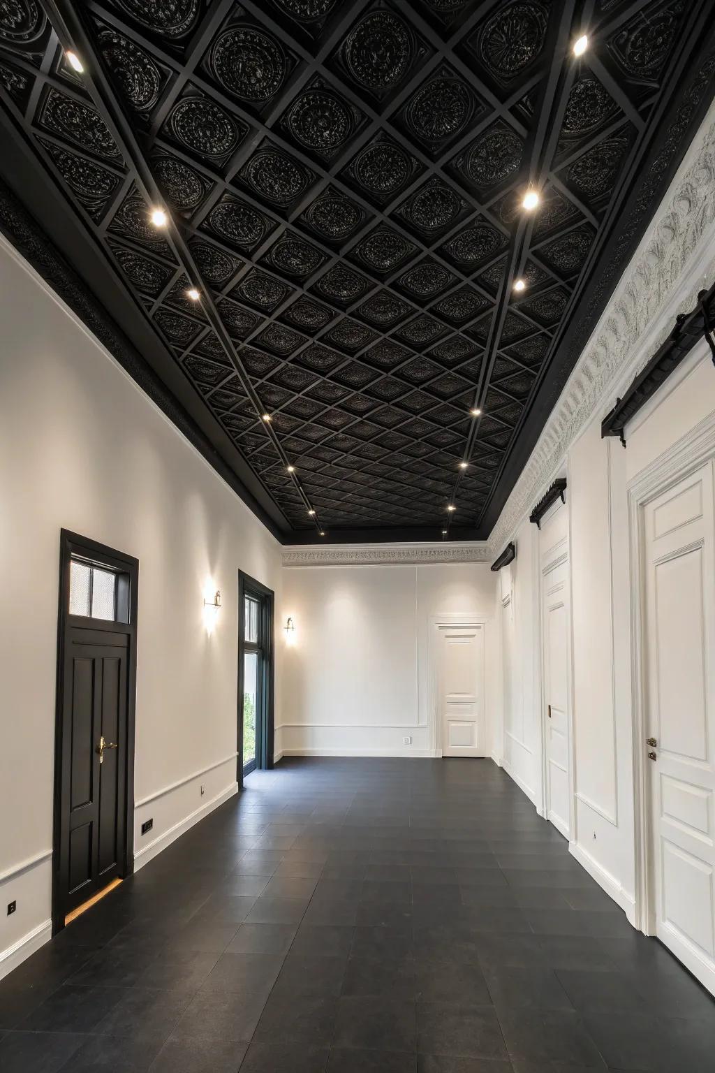 A room where a black ceiling stands out against white walls.