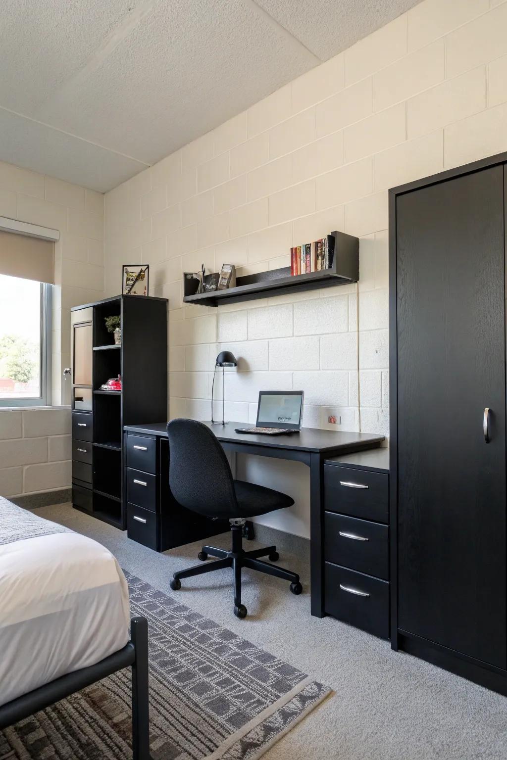 Sleek and space-saving minimalist furniture complements the room's design.