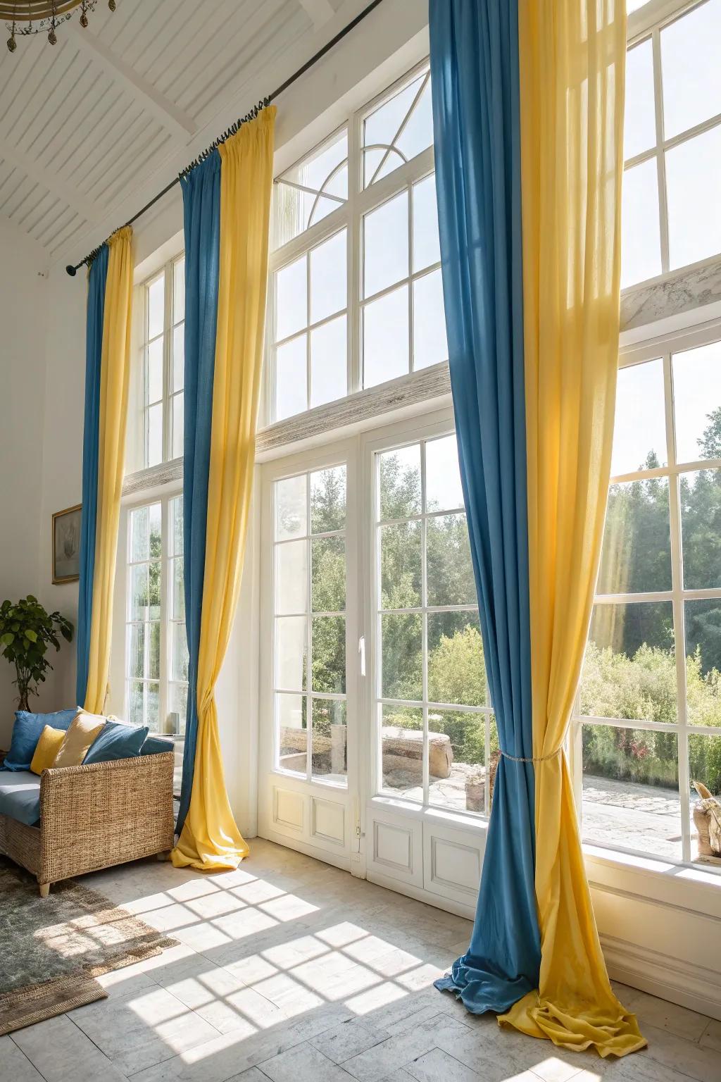 Sunlit windows adorned with azure and amber window dressings, brightening the atmosphere.