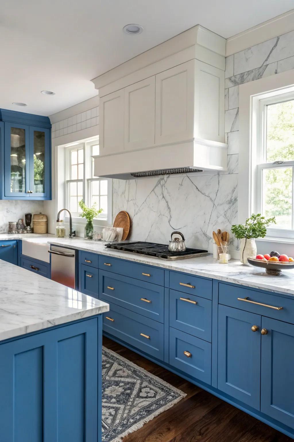 Sophistication at its best with blue cabinets and marble counters.