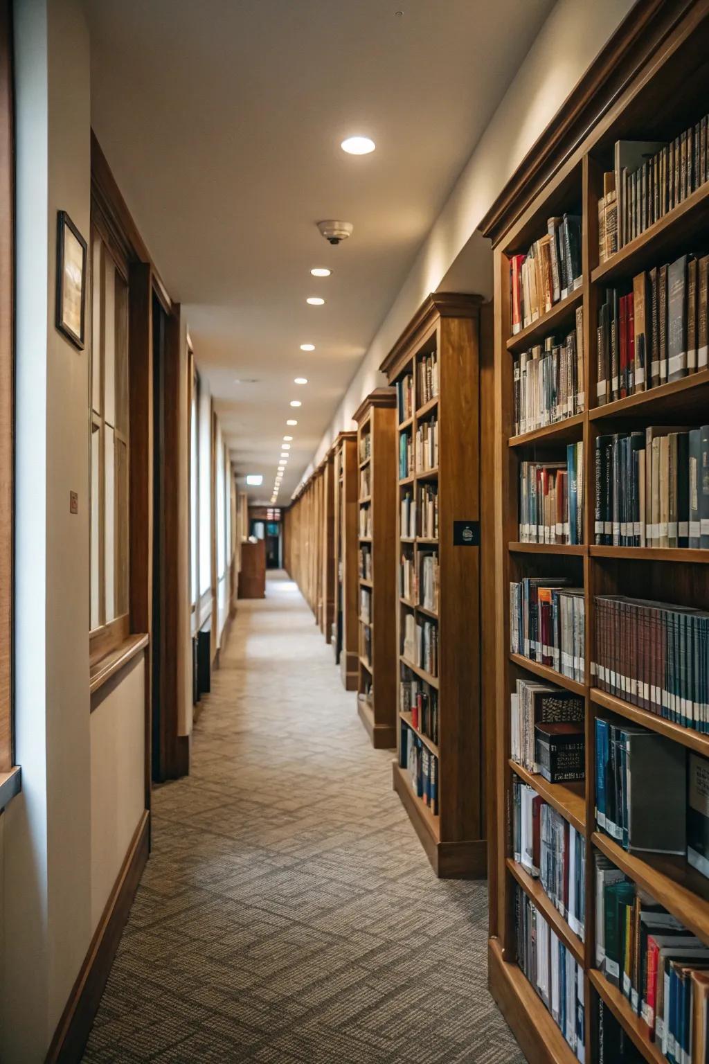 A passageway turned into a novel walkway lined with bookshelves.