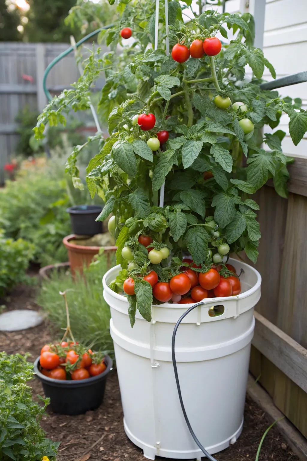 Tomatoes flourishing in a self-watering bucket system.