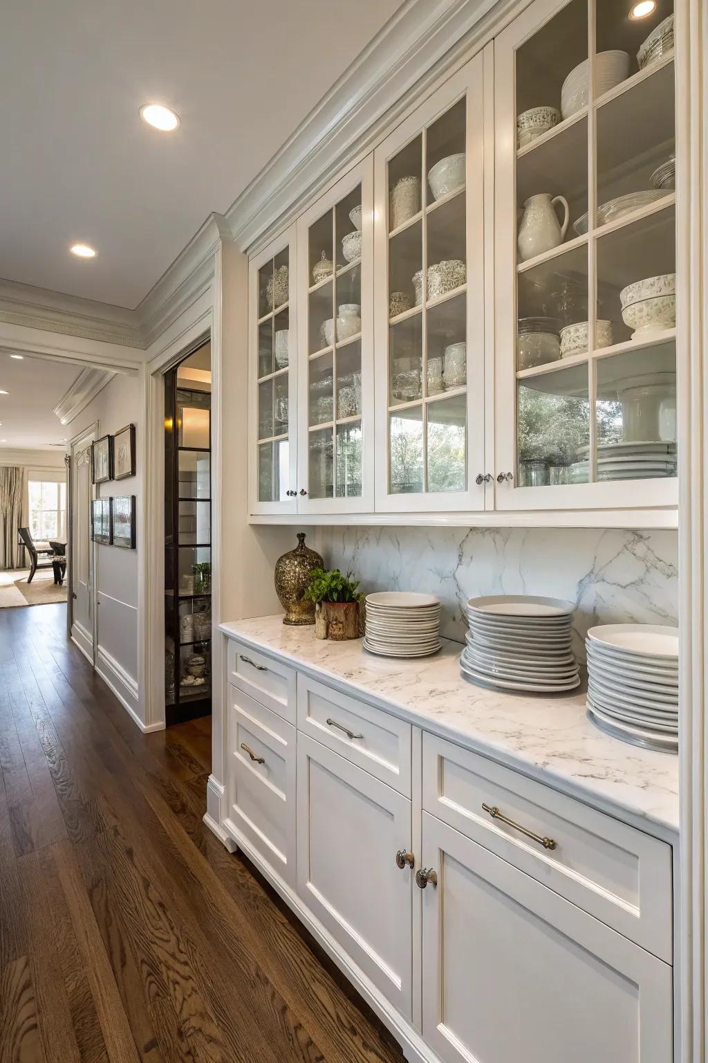 Crystal facades incorporate finesse and transparency into pantry storage.