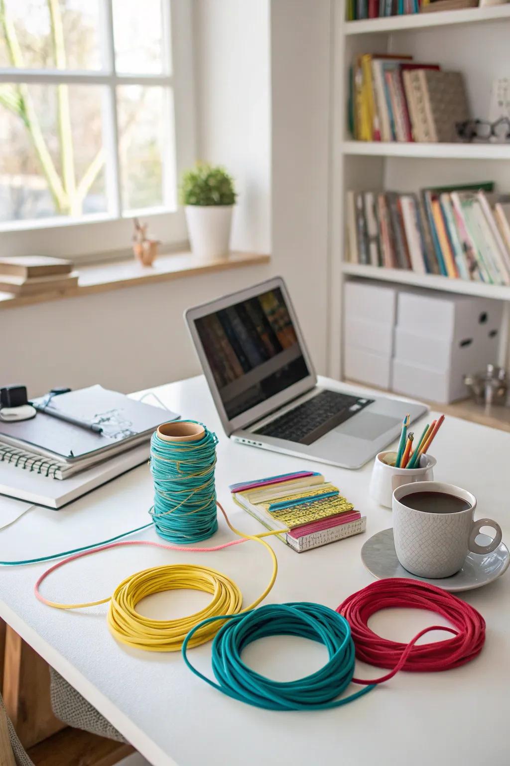 For easy identification, cables are wrapped in vibrant threads.