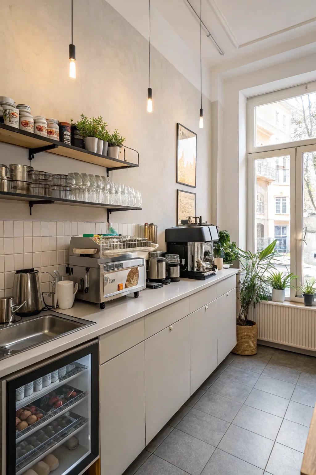 A compact yet stylish cafe kitchen utilizing space effectively.