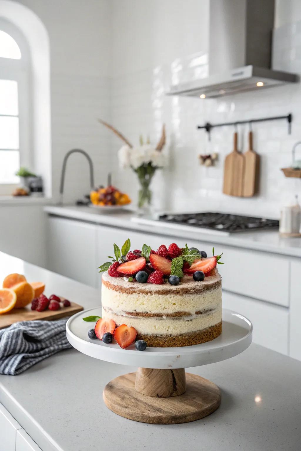 An uncovered cake elegantly showcases its natural beauty.