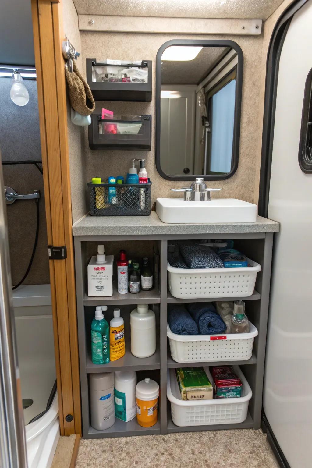 Utilizing under-sink space with compact shelves for extra storage.