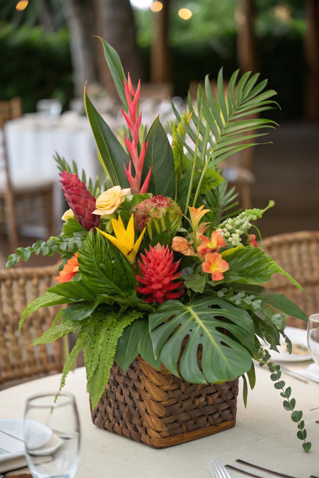 Tropical greenery centerpiece with vibrant colors.