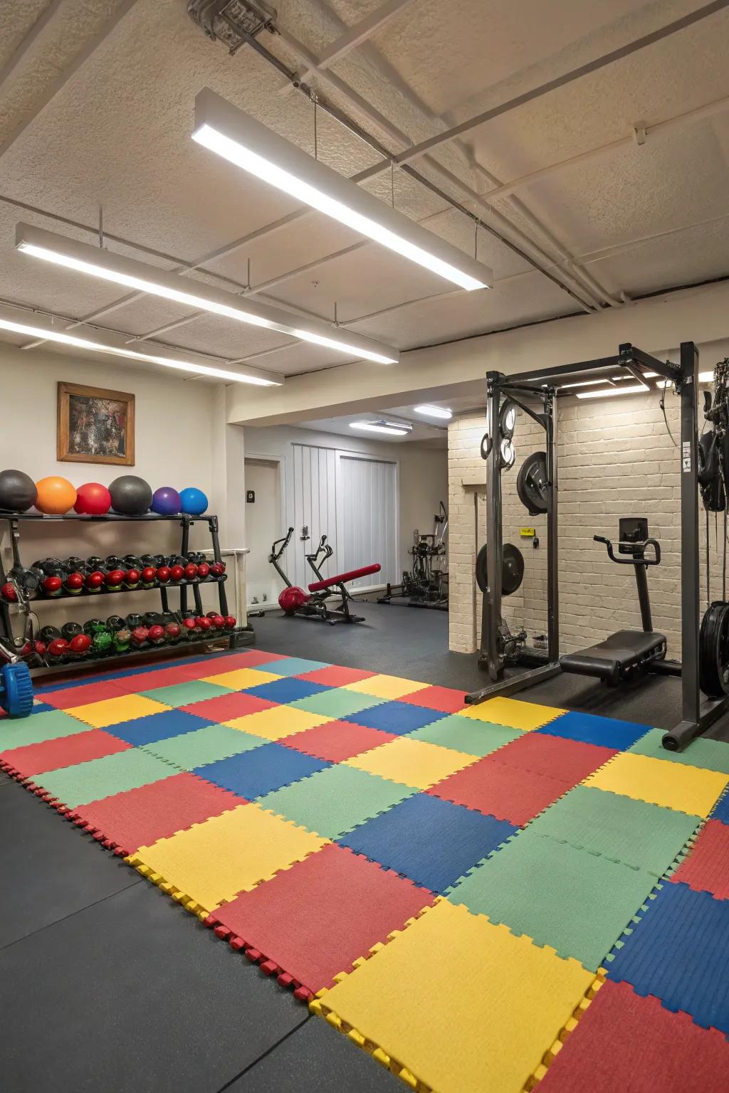 Flexible mats are a secure and pleasant flooring choice for basement fitness rooms.