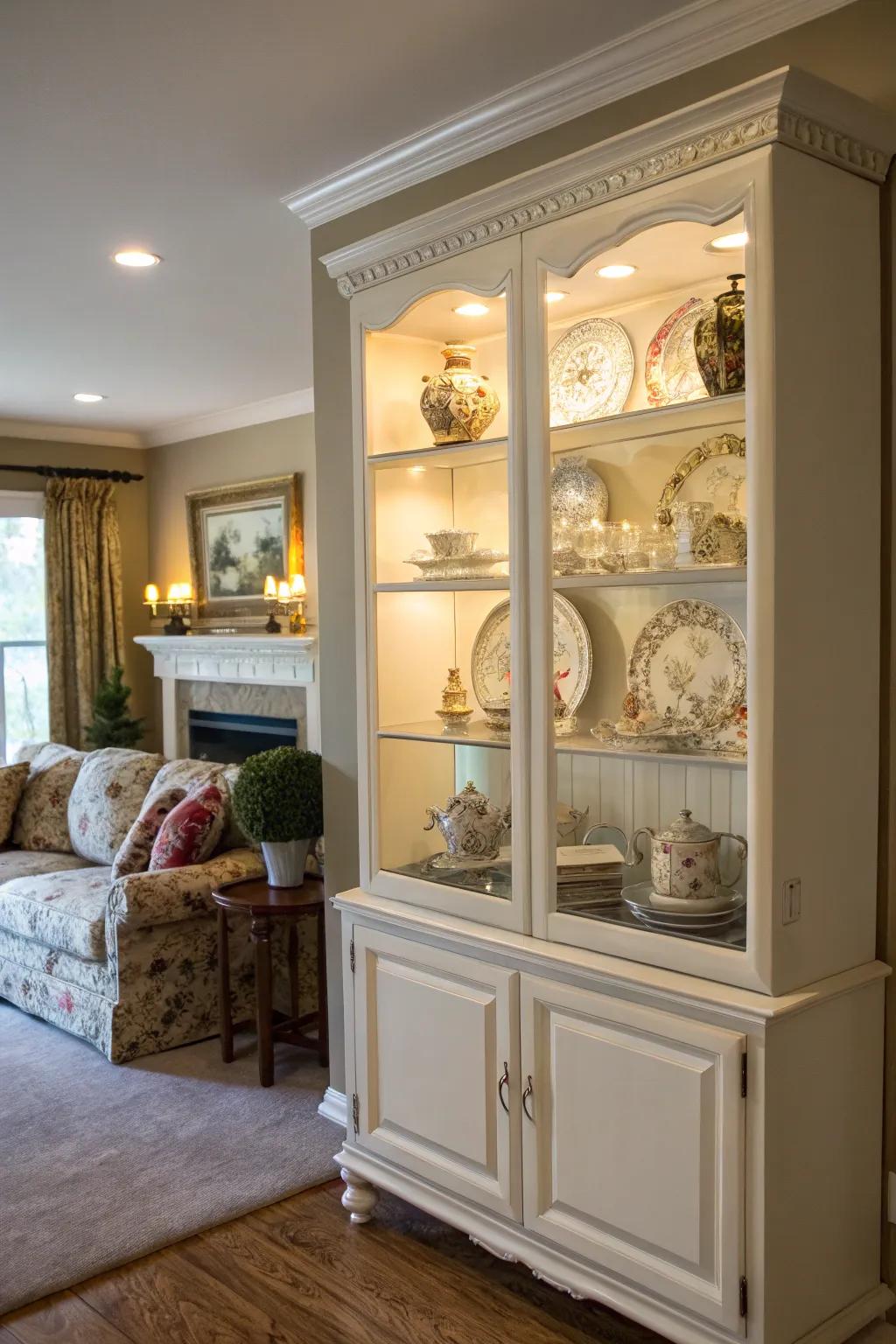 Open shelving within a display case, perfect for showcasing decorative items.