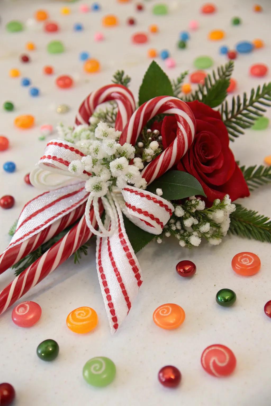 A playful Christmas corsage with candy cane-inspired ribbons.